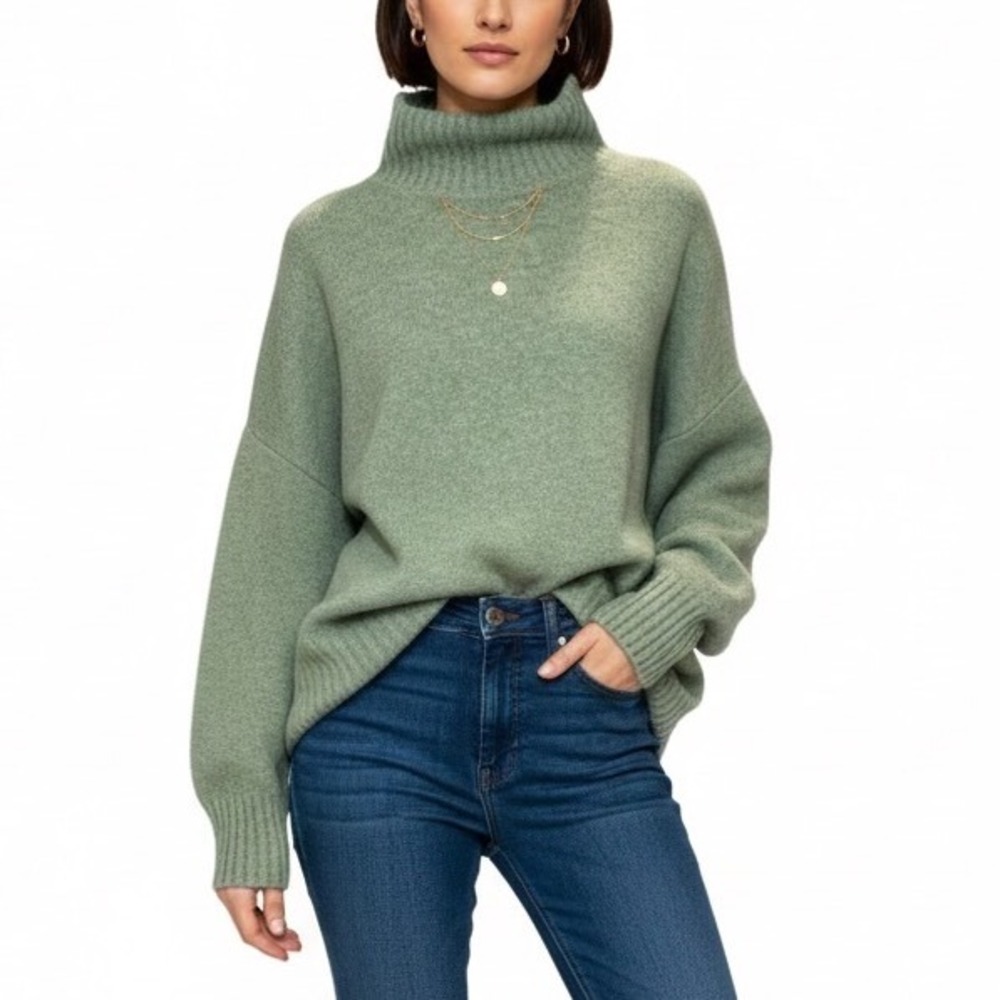 For the Republic Sage Green Wool Blend‎ Mock Turtleneck Sweater Large Cozy Hygge